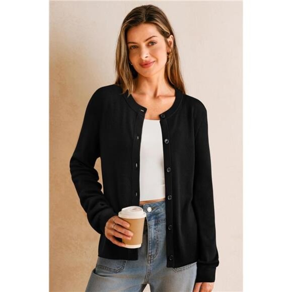 Women's Wool Blended Cardigan Sweaters Lightweight Black - Picture 2 of 6